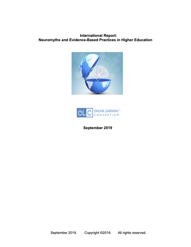 Report cover, reading "International Report: Neuromyths and Evidence-Based Practices in Higher Education, September 2019"