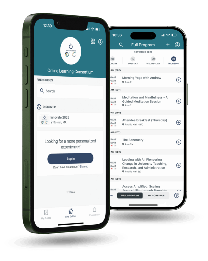 Mockup of two iPhones displaying the home screen and program interface of the OLC Conferences mobile app.