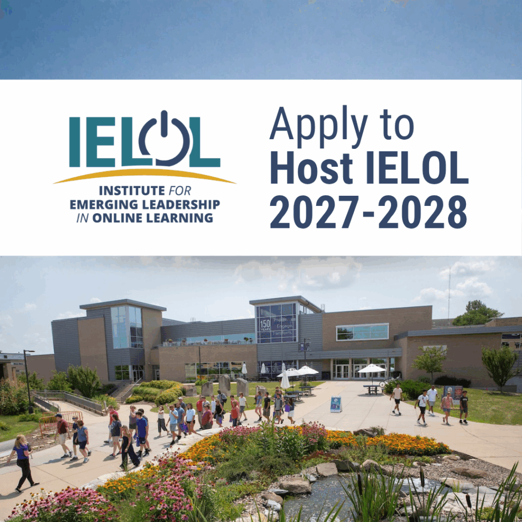 Aerial photo of the University of Wisconsin, Whitewater, with the IELOL logo and text "Apply to Host IELOL 2027-2028" overlaid across the top.