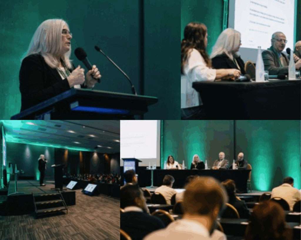 Collage of images of Dr. Jennifer Mathes speaking independently and as part of a panel to a large conference room at EDUTIC.